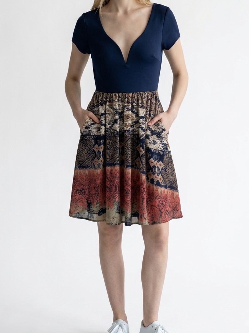 NWOT Navy Boho Tribal Print Skater Dress with a Padded Bust, Size Small
